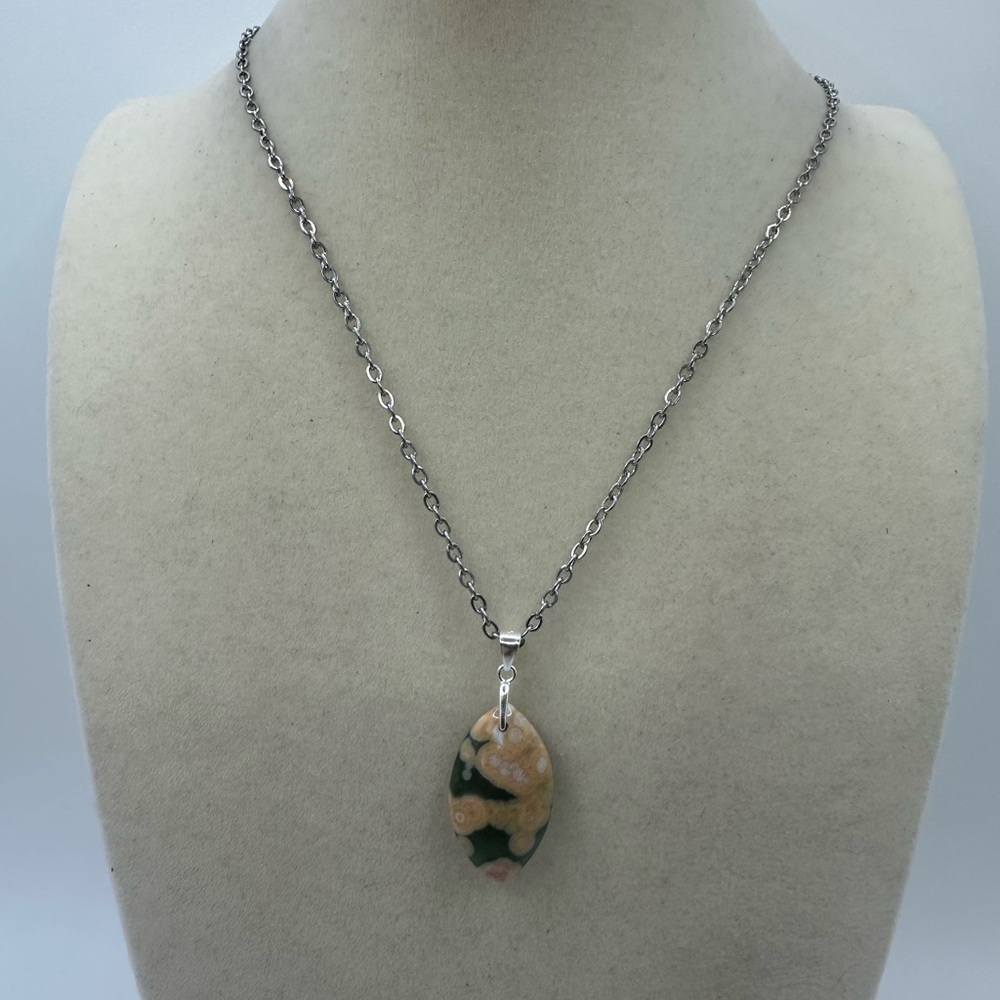 Eye Shaped Ocean Jasper Pendant on Stainless Steel Chain - Picture 7 of 9